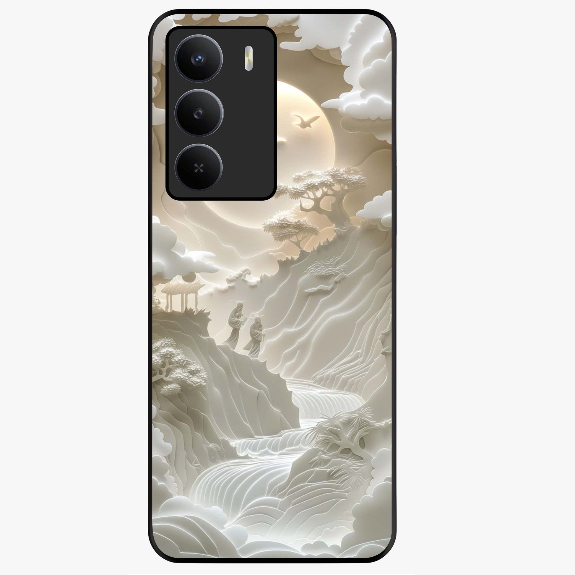 Celestial Origami Glass Case showing flat back view with artistic origami inspired celestial artwork and glossy glass finish.