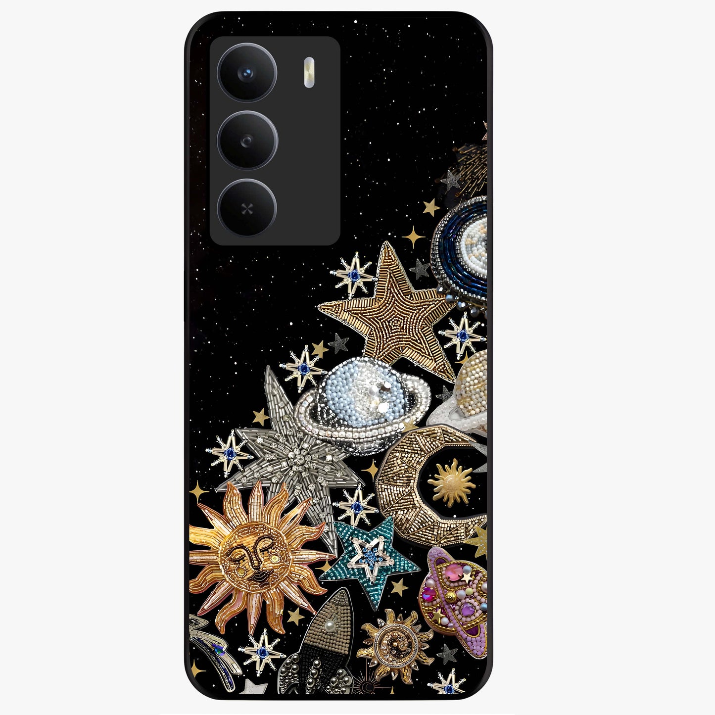 Cosmic Sparkle Dreams Glass Case showing flat back view with sparkling cosmic artwork and glossy glass finish.
