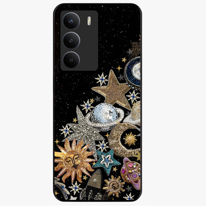 Cosmic Sparkle Dreams Glass Case showing flat back view with sparkling cosmic artwork and glossy glass finish.