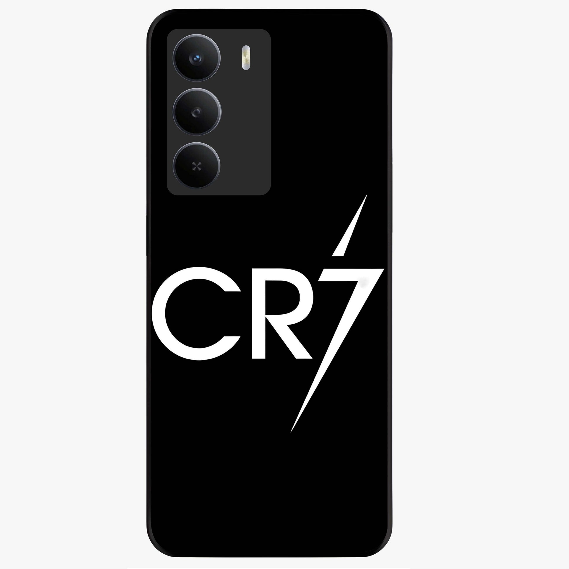 Cr7 Elite Strike Glass Case showing flat back view with dynamic football inspired artwork and glossy glass finish.