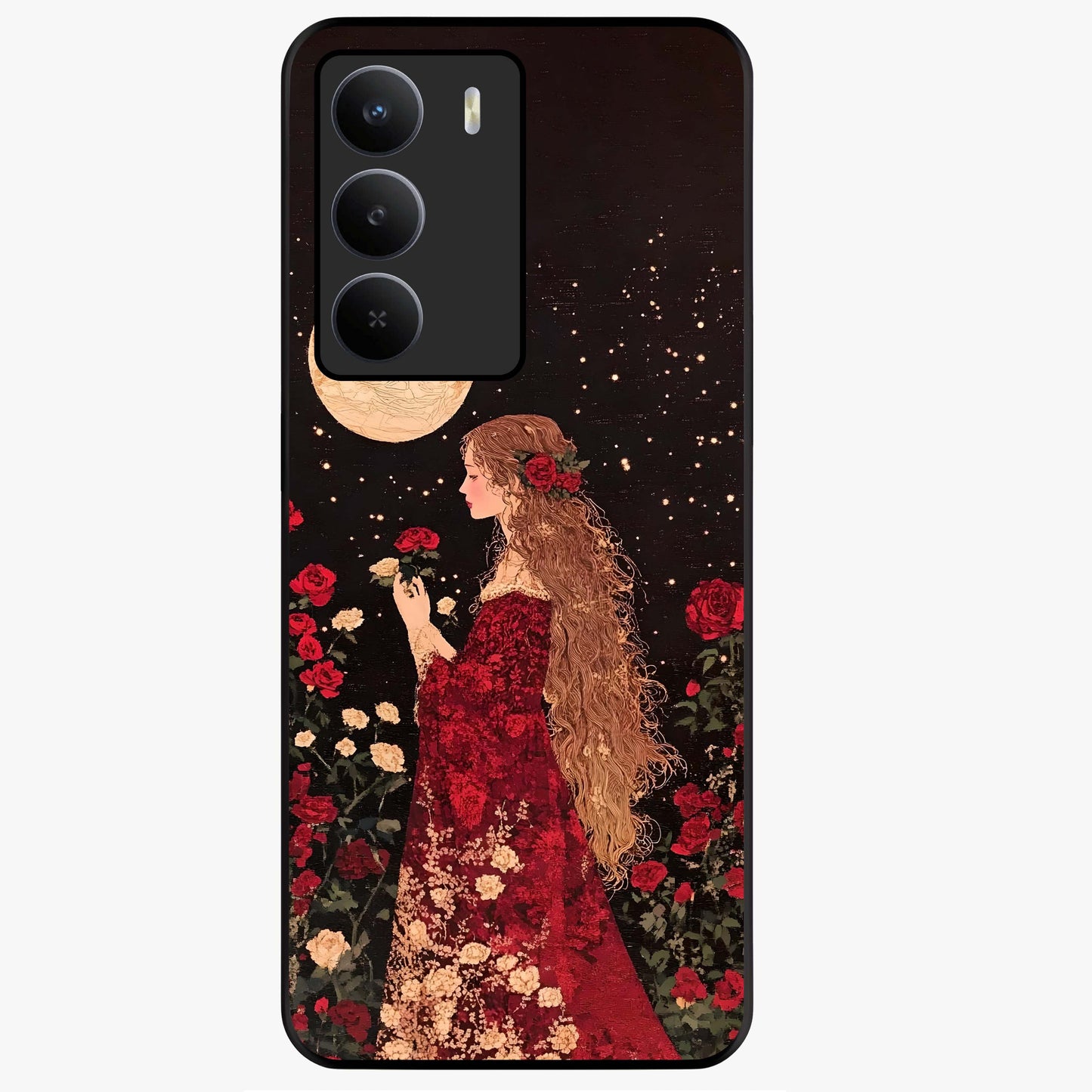 Crimson Dreams Glass Case showing flat back view with dreamy crimson artwork and glossy glass finish.