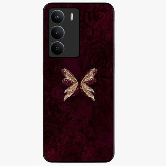 Crimson Fade Butterfly Glass Case showing flat back view with fading butterfly artwork and glossy glass finish.