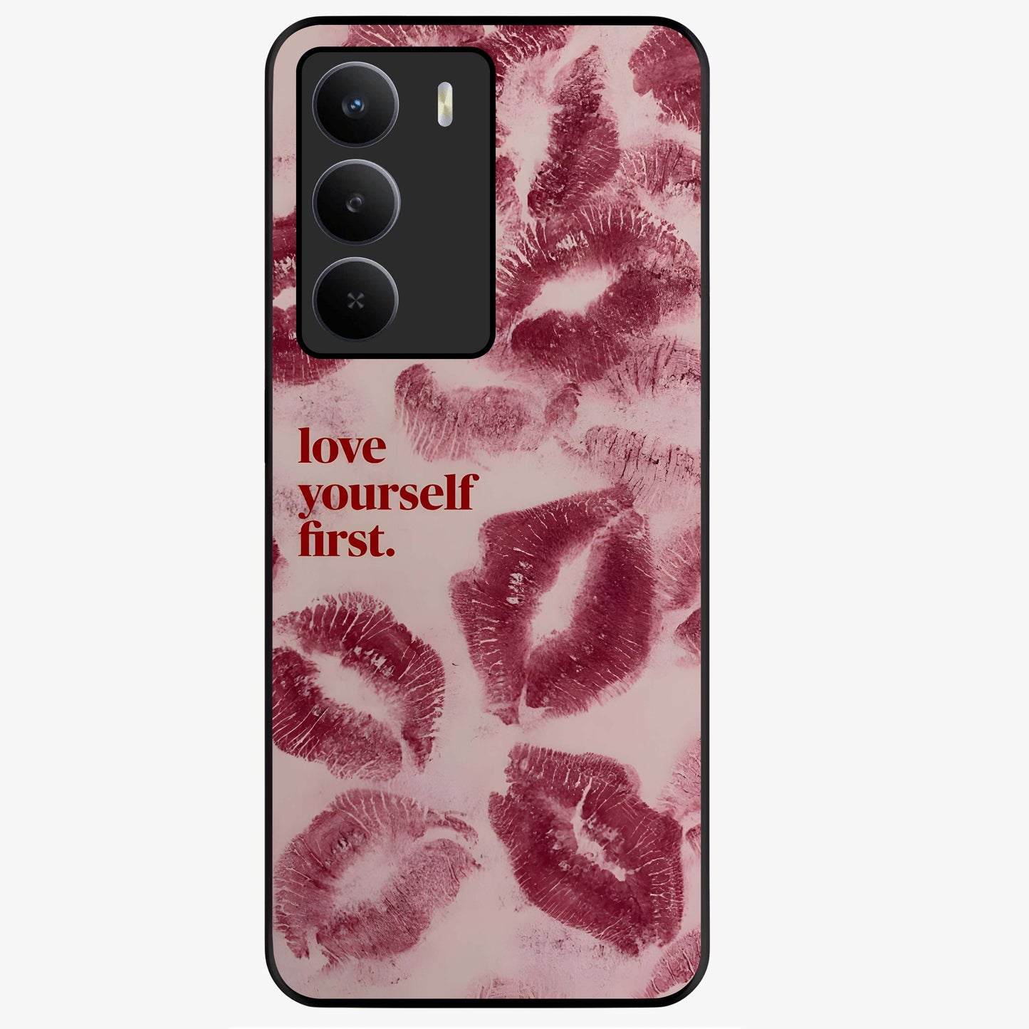 Crimson Kiss Love Glass Case showing flat back view with romantic crimson themed artwork and glossy glass finish.
