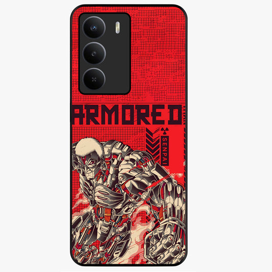 Crimson Mecha Titan Glass Case showing flat back view with powerful mech titan artwork and glossy glass finish.