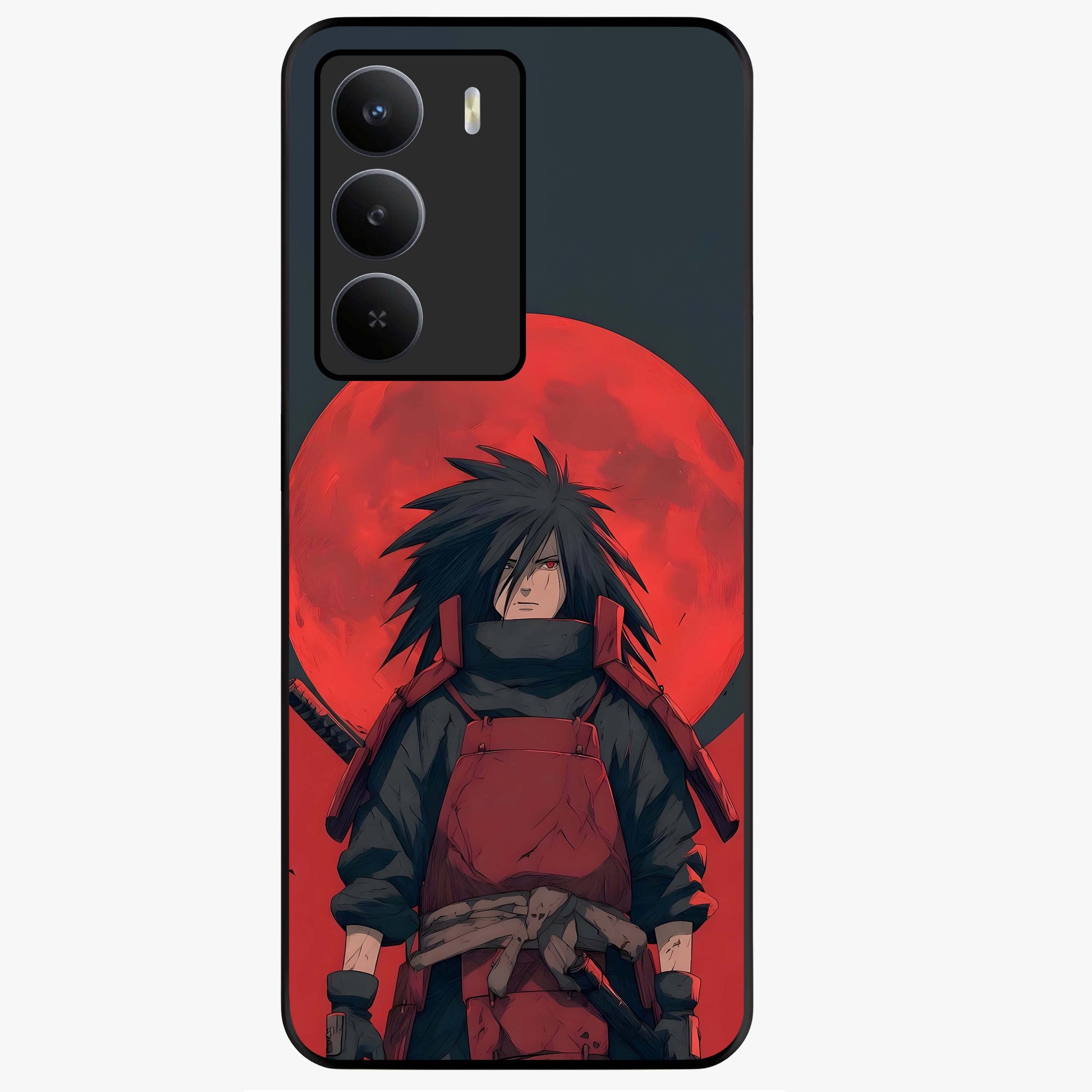 Crimson Moon Warlord Glass Case showing flat back view with mystical moon warrior artwork and glossy glass finish.