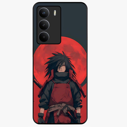 Crimson Moon Warlord Glass Case showing flat back view with mystical moon warrior artwork and glossy glass finish.