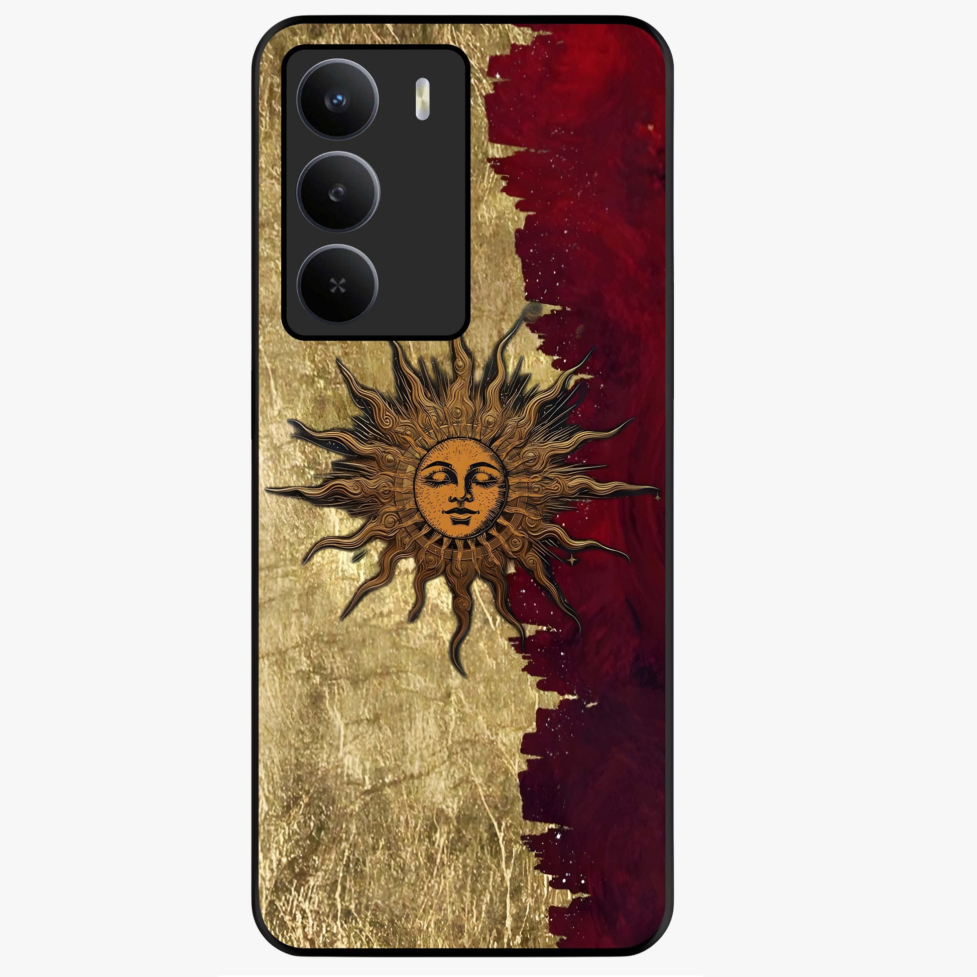 Crimson Sun Majesty Glass Case showing flat back view with radiant sun inspired artwork and glossy glass finish.