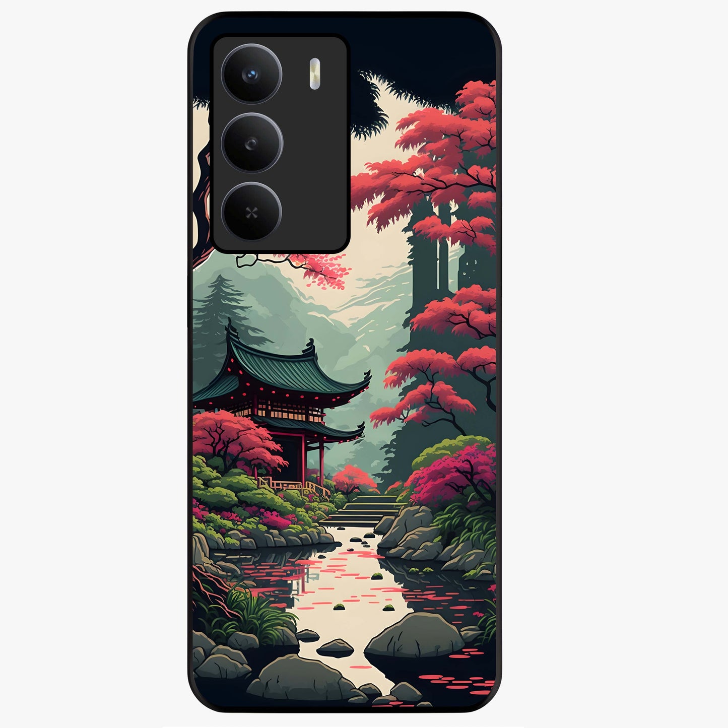 Crimson Temple View Glass Case showing flat back view with temple inspired artwork and glossy glass finish.