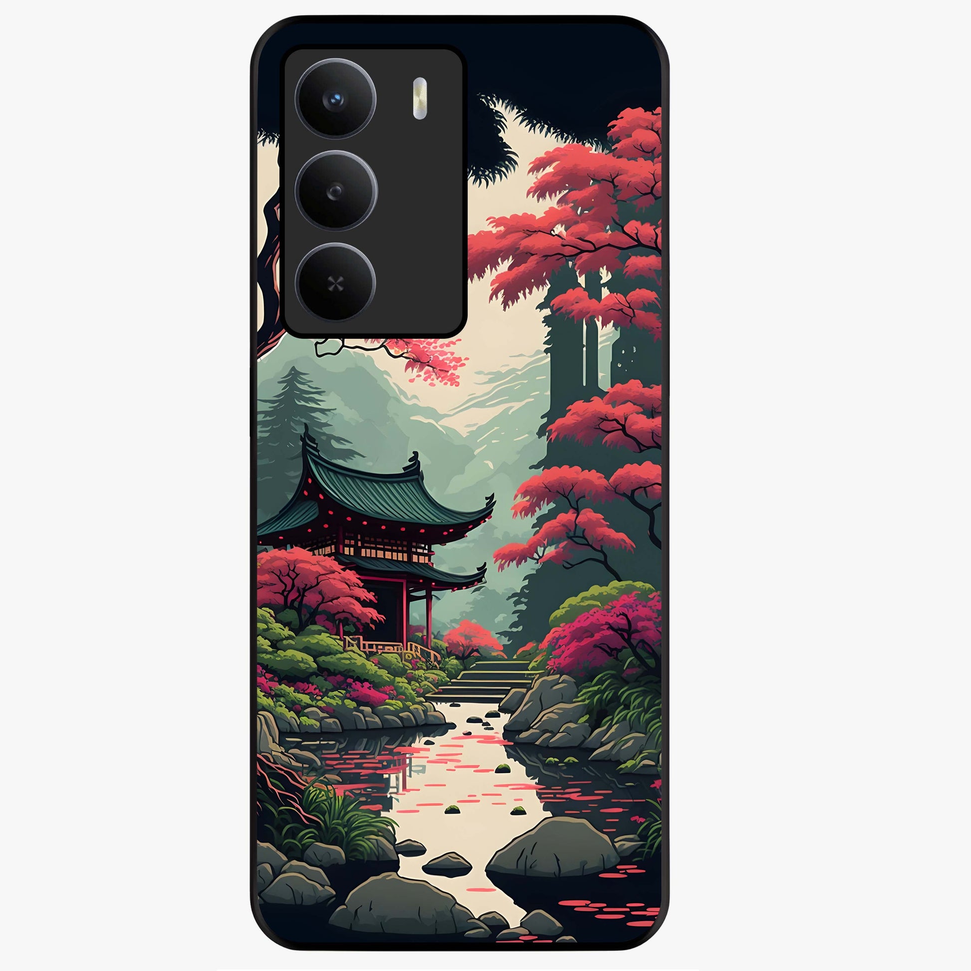 Crimson Temple View Glass Case showing flat back view with temple inspired artwork and glossy glass finish.