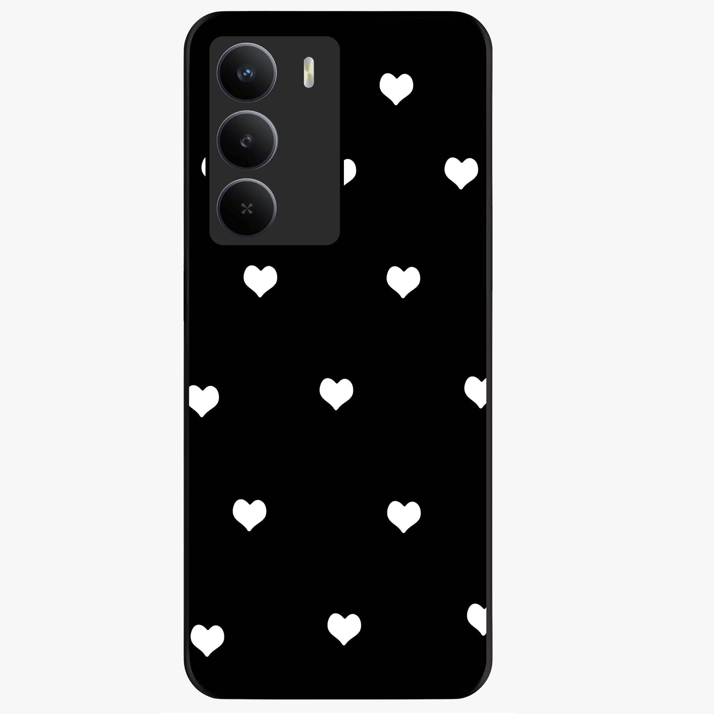 Cute And Simple White Hearts Glass Case showing flat back view with minimal white heart pattern and glossy glass finish.