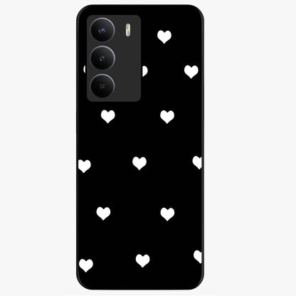 Cute And Simple White Hearts Glass Case showing flat back view with minimal white heart pattern and glossy glass finish.