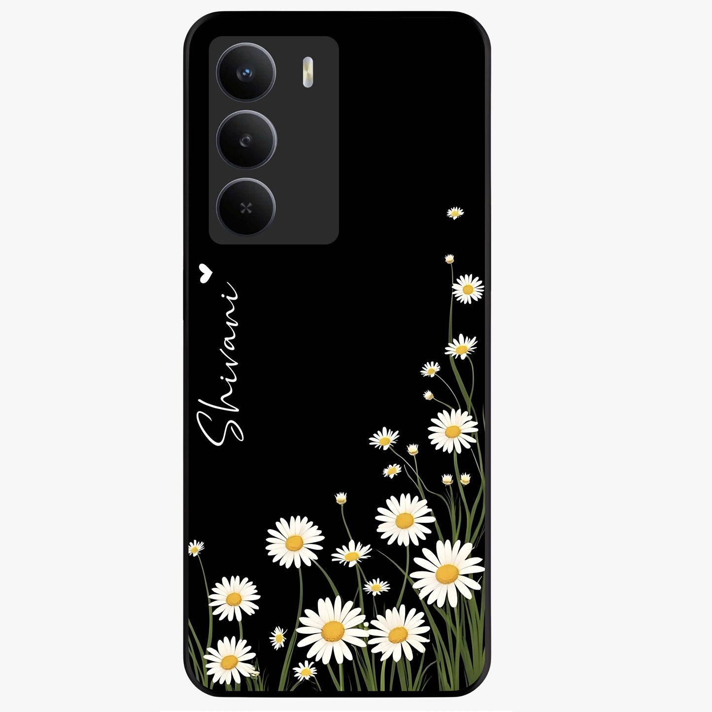 Daisy Cascade Custom Name Glass Case showing flat back view with cascading daisy flowers and personalized name design.