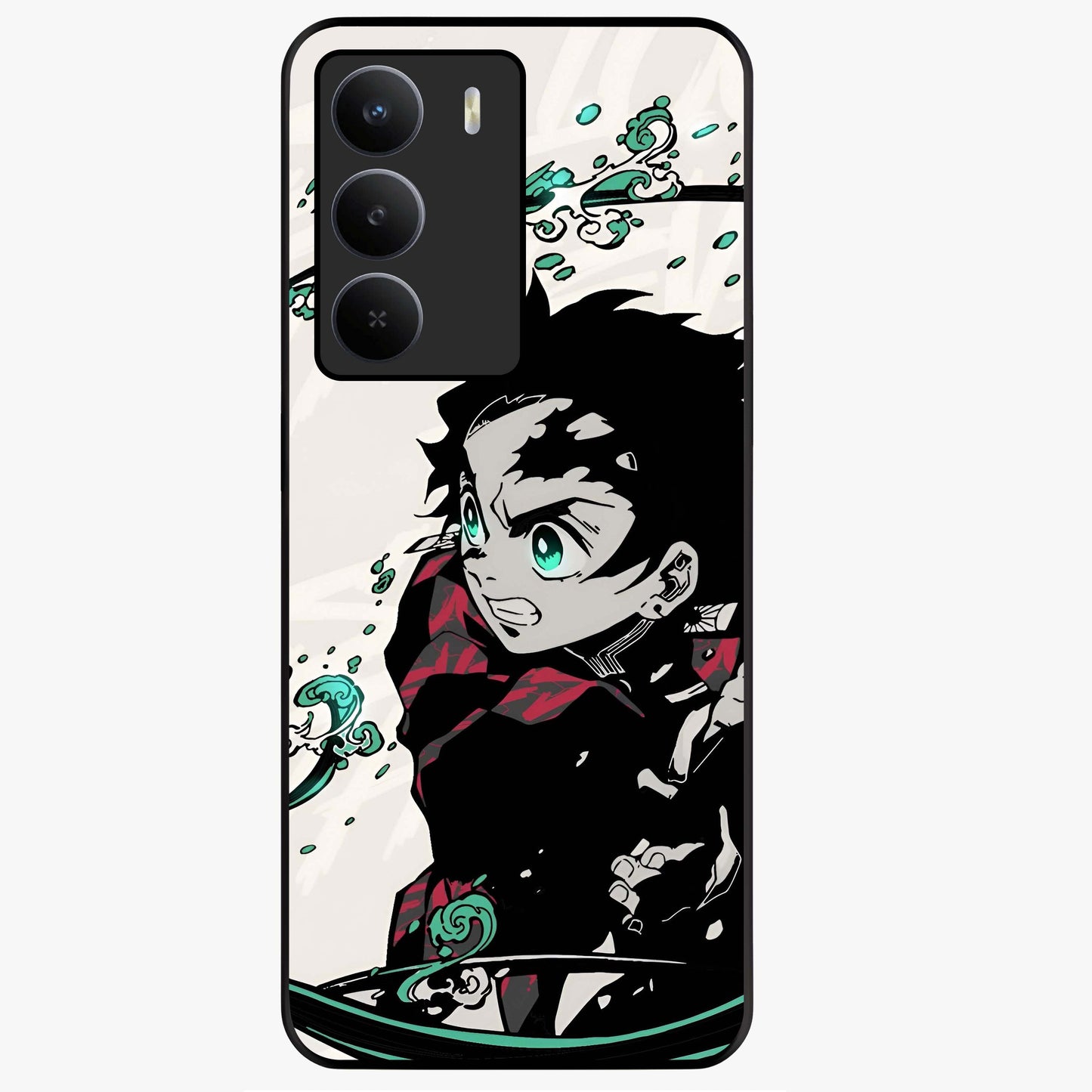 Demon Slayer Glass Case showing flat back view with bold anime inspired artwork and glossy glass finish.