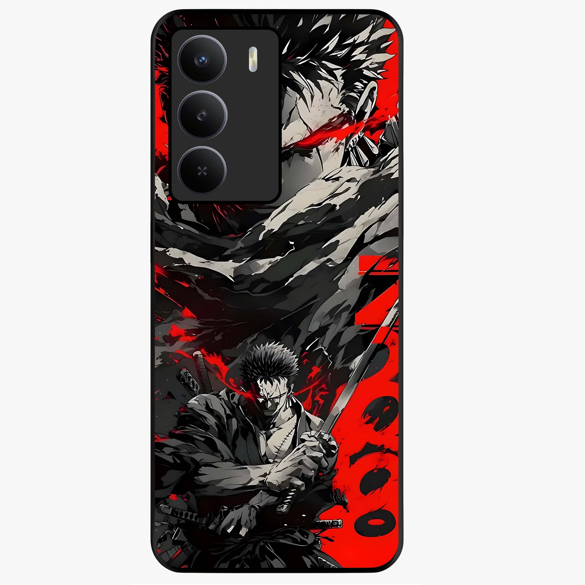 Demon Sword Resolve Glass Case showing flat back view with fierce sword warrior artwork and glossy glass finish.