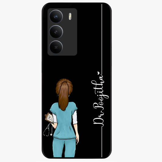 Doctor Pattern Custom Name Glass Case showing flat back view with medical themed pattern and personalized name design.