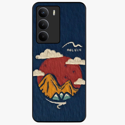 Dream Beyond Mountains Glass Case showing flat back view with scenic mountain landscape artwork and glossy glass finish.