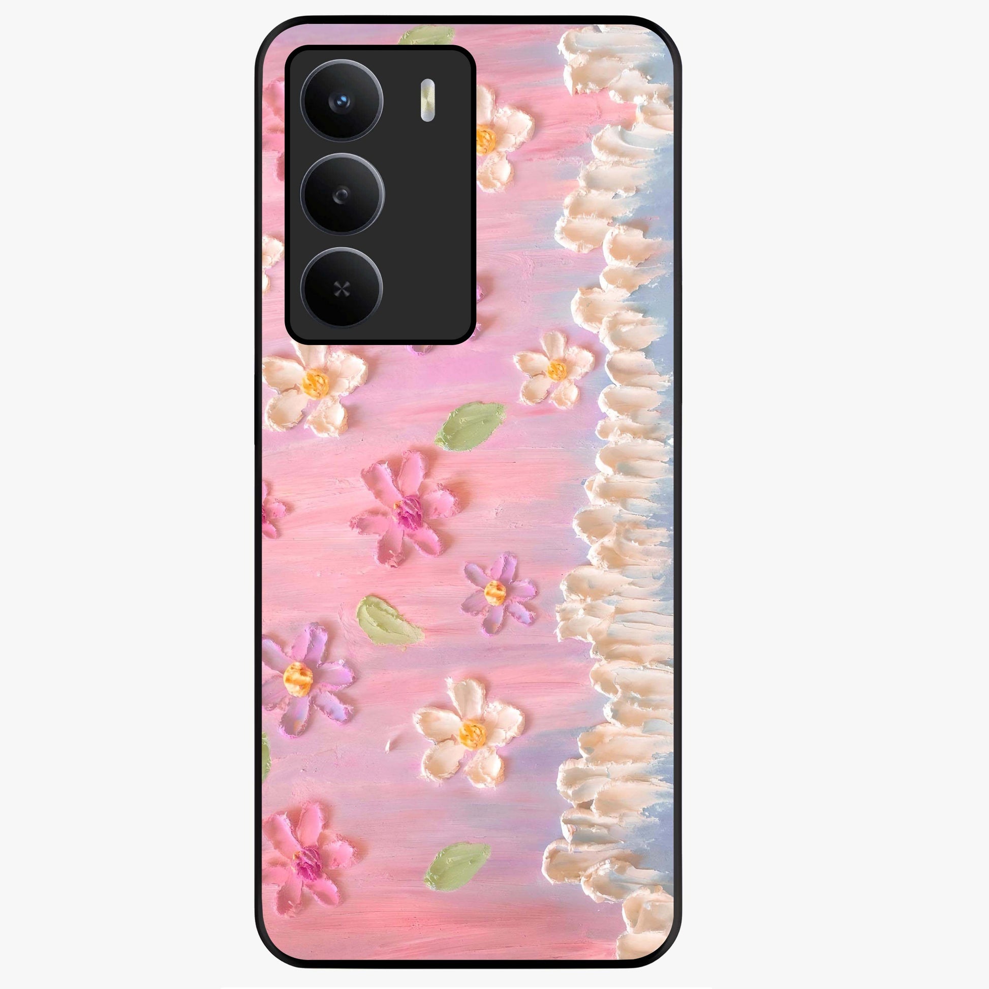 Dreamy Painted Garden Glass Case showing flat back view with artistic painted floral garden artwork and glossy glass finish.