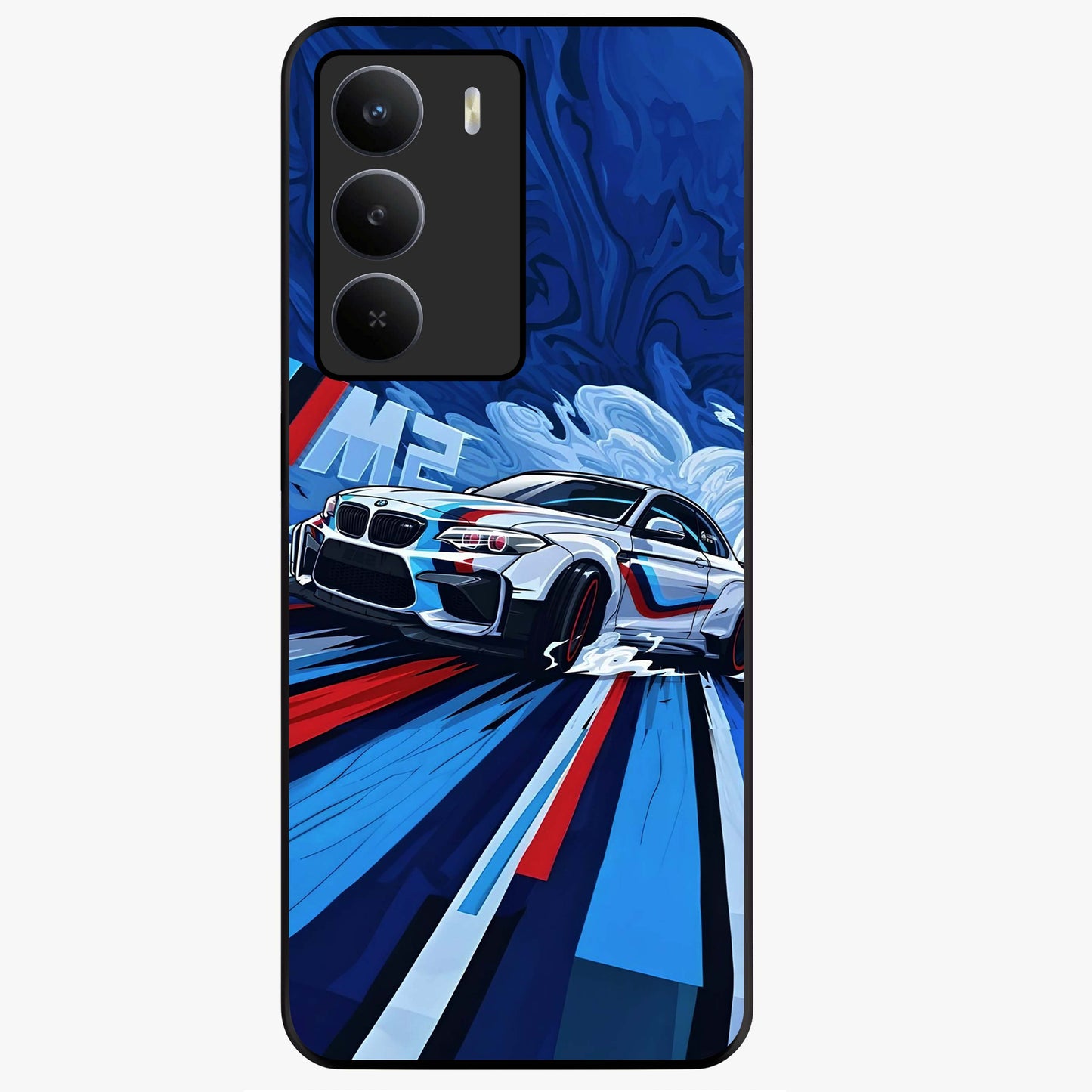 Drift Power Rush Glass Case showing flat back view with dynamic racing inspired artwork and glossy glass finish.