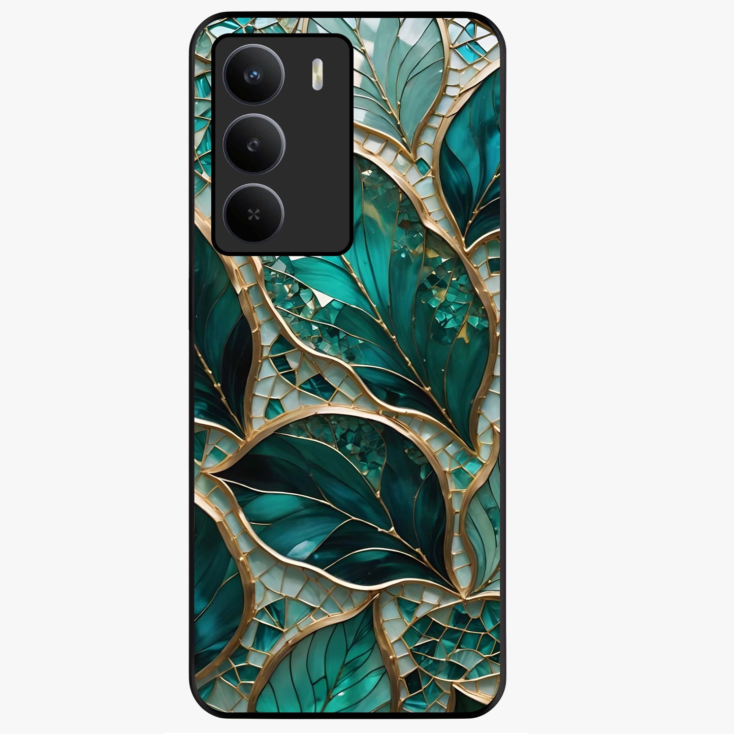 Emerald Leaf Glass Glass Case showing flat back view with emerald green leaf artwork and glossy glass finish.