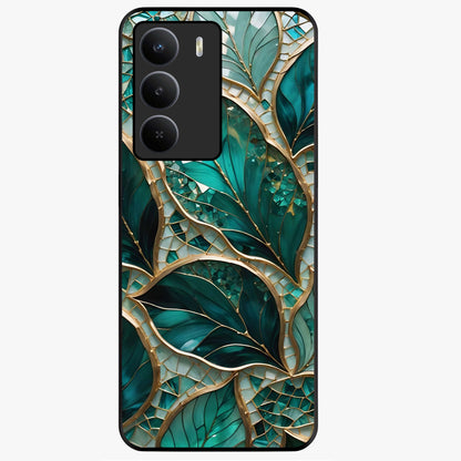 Emerald Leaf Glass Glass Case showing flat back view with emerald green leaf artwork and glossy glass finish.