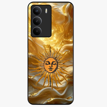 Eternal Golden Glow Glass Case showing flat back view with radiant golden themed artwork and glossy glass finish.