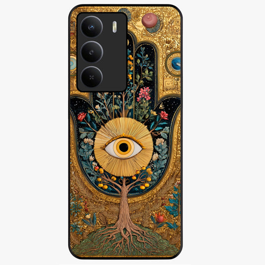 Ethereal Evil Eye Glass Case showing flat back view with mystical evil eye artwork and glossy glass finish.
