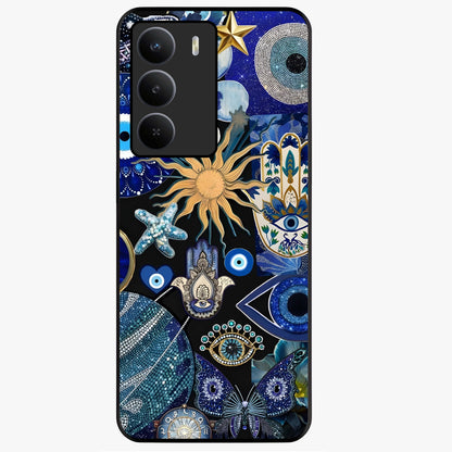 Evil Eye Charm Mix Glass Case showing flat back view with multiple evil eye charms artwork and glossy glass finish.