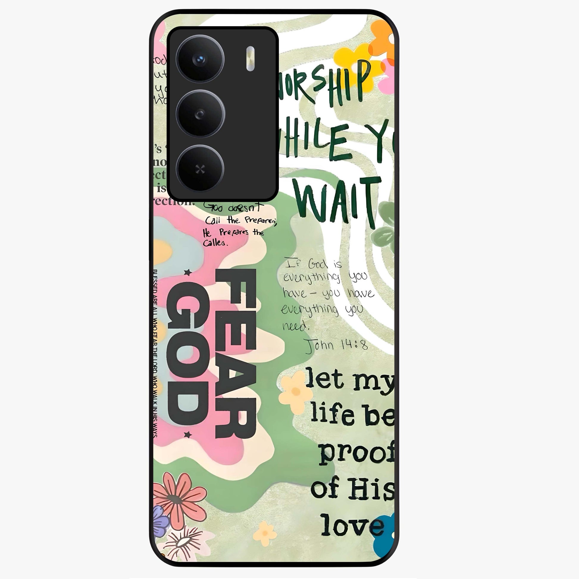 Faith Over Fear Glass Case showing flat back view with motivational typography artwork and glossy glass finish.