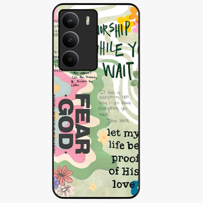 Faith Over Fear Glass Case showing flat back view with motivational typography artwork and glossy glass finish.