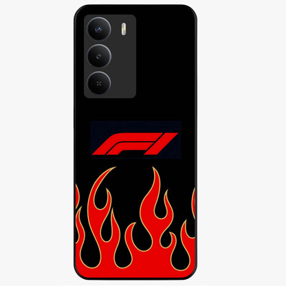 Fire F11 Glass Case showing flat back view with fiery themed artwork and glossy glass finish.