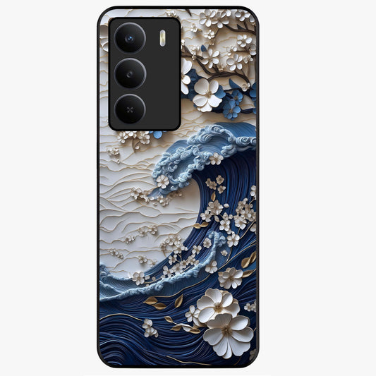 Floral Wave Origami Glass Case showing flat back view with origami inspired floral wave artwork and glossy glass finish.
