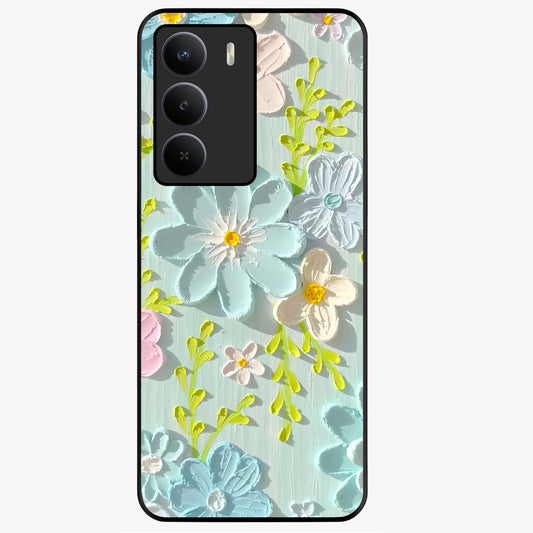 Frosted Petal Garden Glass Case showing flat back view with soft frosted floral artwork and glossy glass finish.