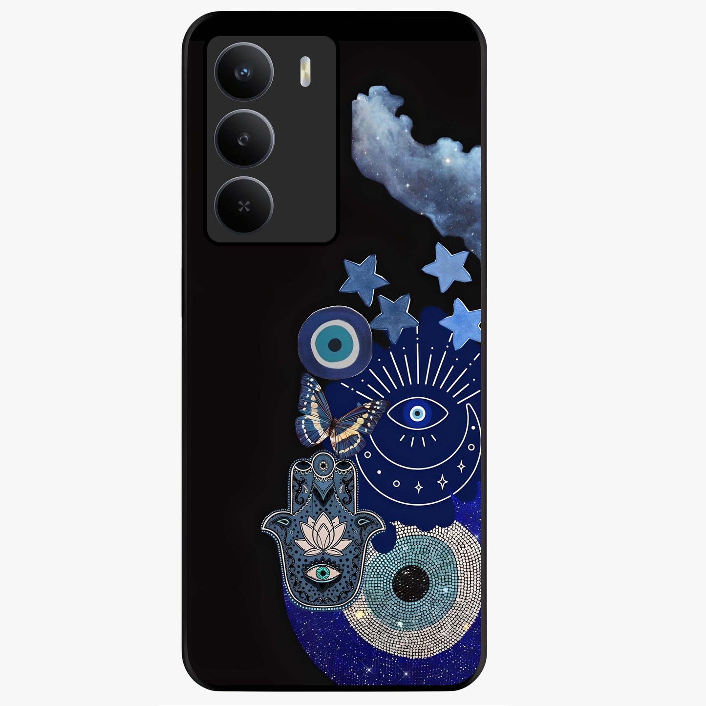 Galactic Charm Cluster Glass Case showing flat back view with glowing celestial charm artwork and glossy glass finish.