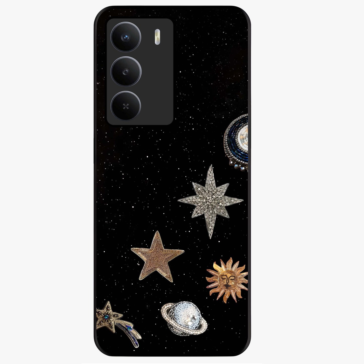 Galactic Charm Glow Glass Case showing flat back view with glowing celestial charm artwork and glossy glass finish.