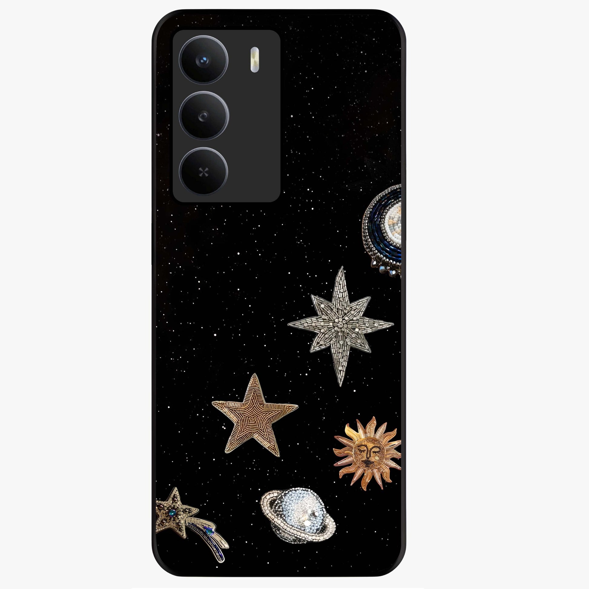 Galactic Charm Glow Glass Case showing flat back view with glowing celestial charm artwork and glossy glass finish.