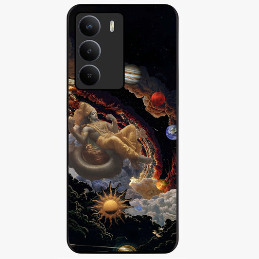 Galactic Divine God Glass Case showing flat back view with divine cosmic themed artwork and glossy glass finish.