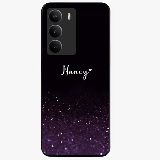Glittery Purple Bokeh Custom Name Glass Case showing flat back view with purple bokeh sparkle artwork and personalized name design.