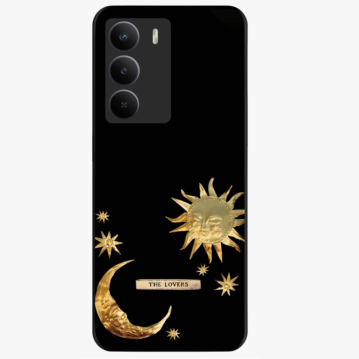 Golden Celestial Charm Glass Case showing flat back view with golden celestial charm artwork and glossy glass finish.