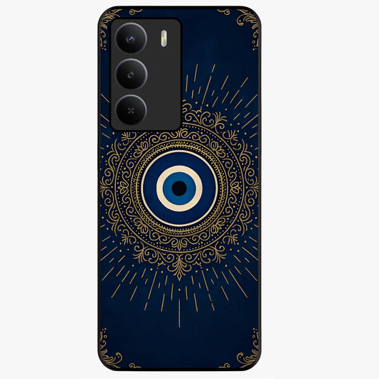 Golden Evil Eye Mandala Glass Case showing flat back view with intricate evil eye mandala artwork and glossy glass finish.