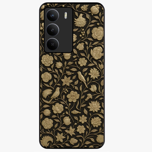 Golden Floral Majesty Glass Case showing flat back view with luxurious golden floral artwork and glossy glass finish.