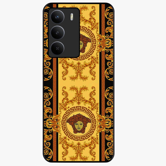 Golden Royal Heritage Glass Case showing flat back view with ornate royal pattern artwork and glossy glass finish.