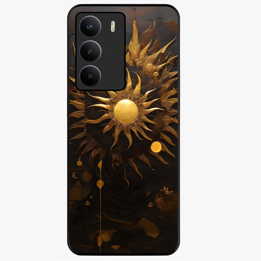 Golden Sun Majesty Glass Case showing flat back view with radiant golden sun artwork and glossy glass finish.