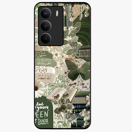 Green Islamic Books Quotes Glass Case showing flat back view with Islamic quotes and book themed artwork and glossy glass finish.