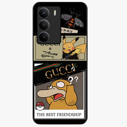 Gucci Play Mashup Glass Case showing flat back view with luxury inspired graphic artwork and glossy glass finish.