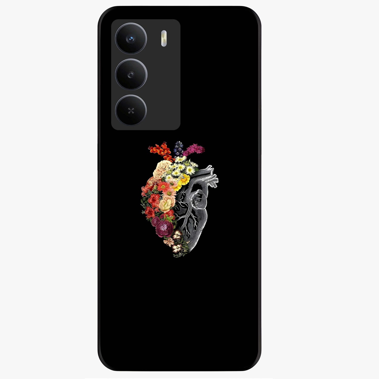 Heart With Flowers Glass Case showing flat back view with heart shaped floral artwork and glossy glass finish.