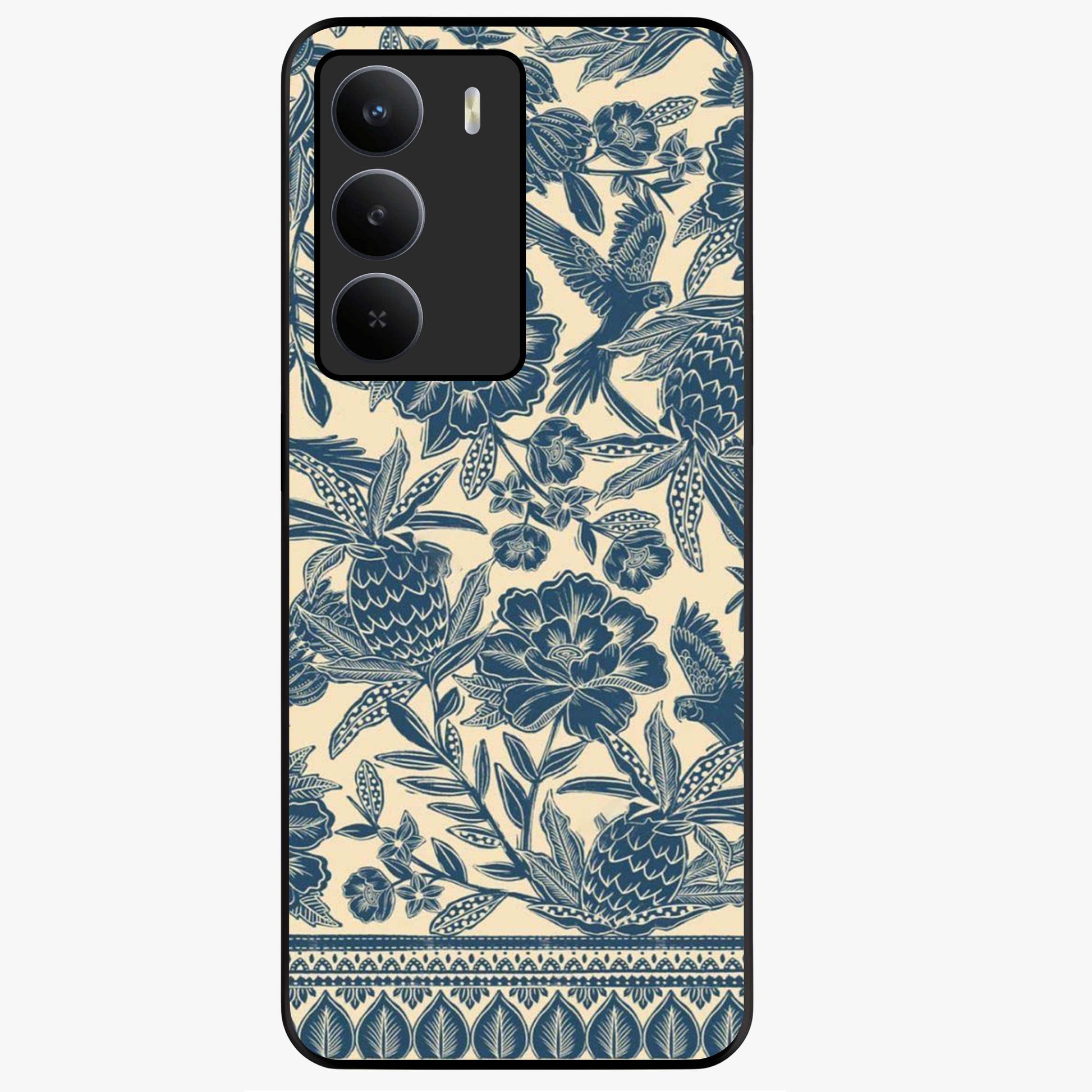 Heirloom Wild Bloom Glass Case showing flat back view with vintage inspired wild flower artwork and glossy glass finish.