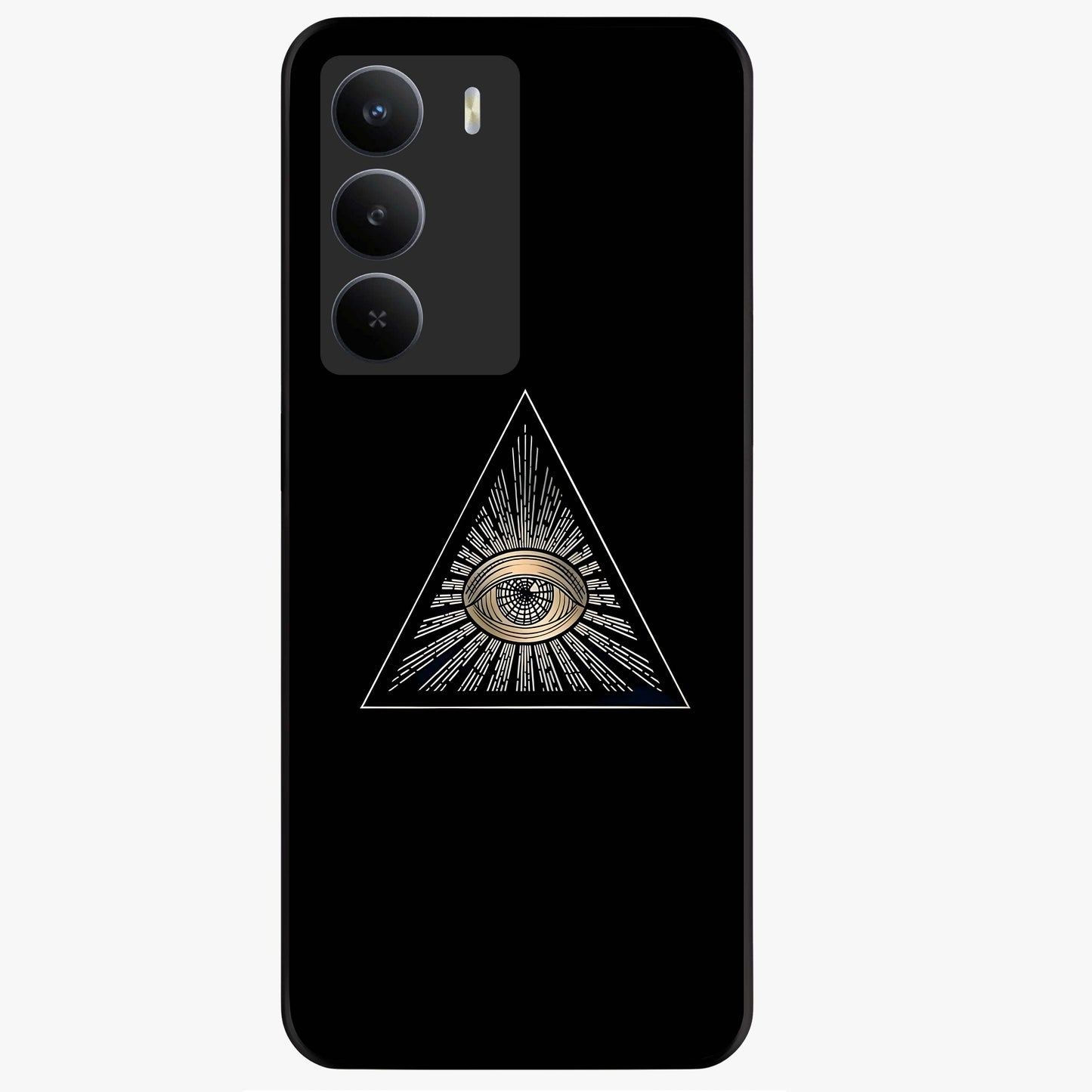 Illuminati Evil Glass Case showing flat back view with mysterious illuminati symbol artwork and glossy glass finish.