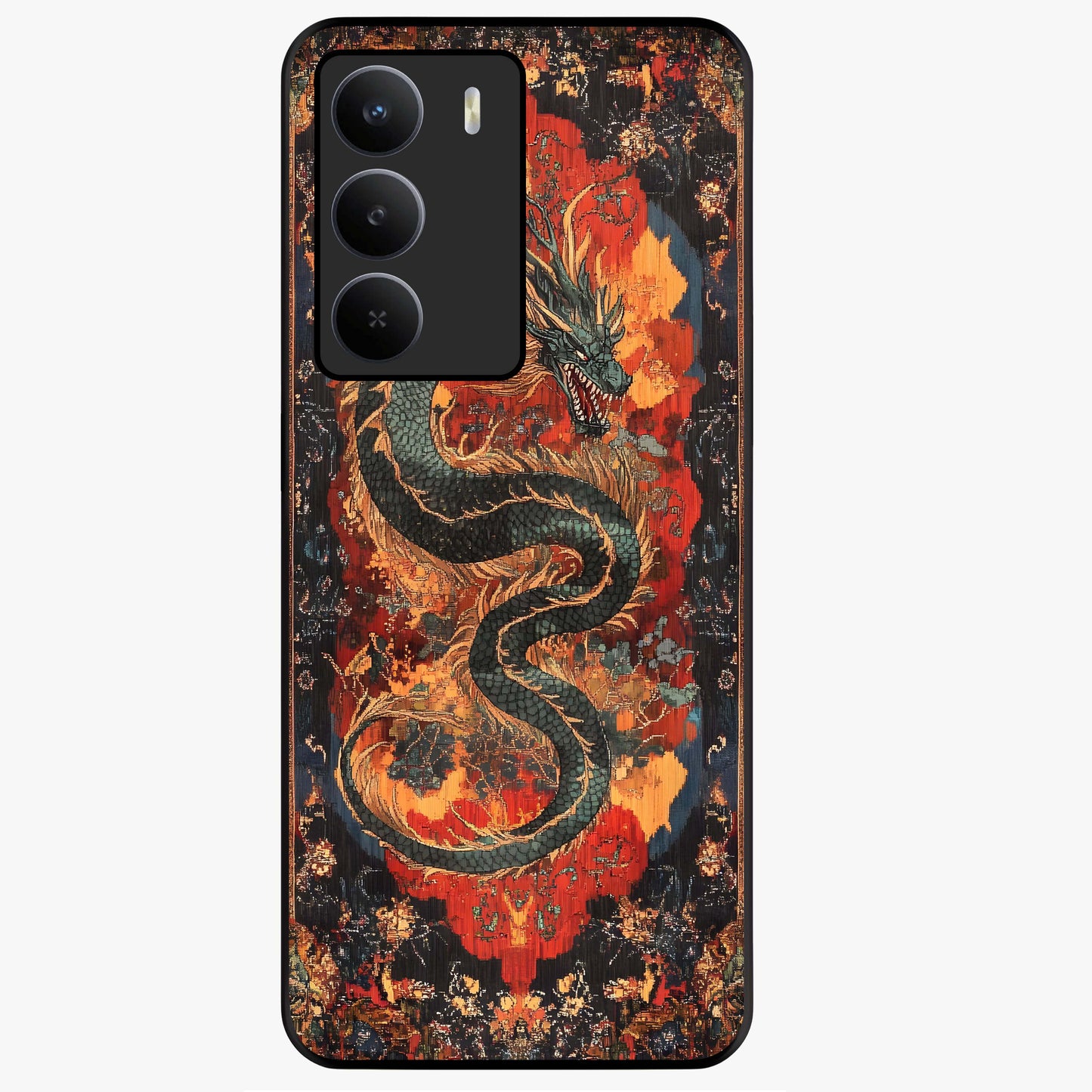 Inferno Dragon Soul Glass Case showing flat back view with fiery dragon artwork and glossy glass finish.