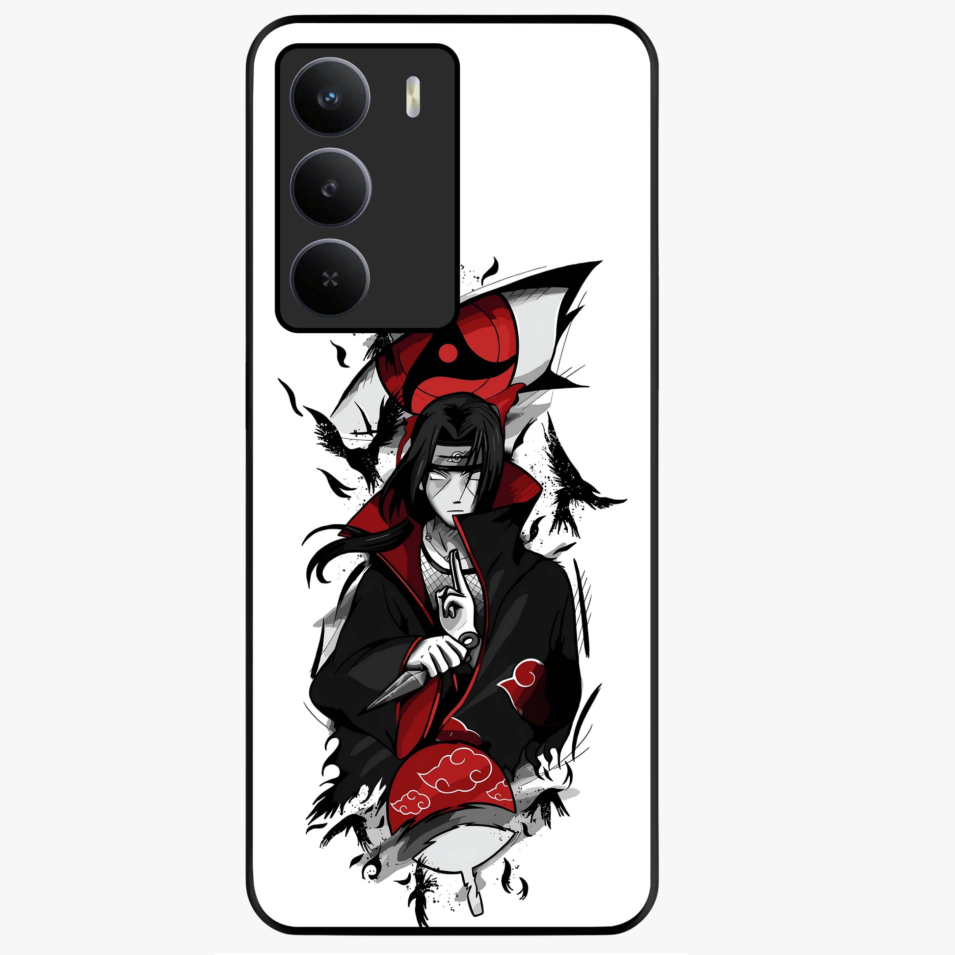 Itachi Sharingan Glass Case showing flat back view with powerful anime eye artwork and glossy glass finish.