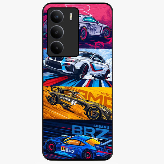 JDM Sports Car Glass Case showing flat back view with high performance sports car artwork and glossy glass finish.